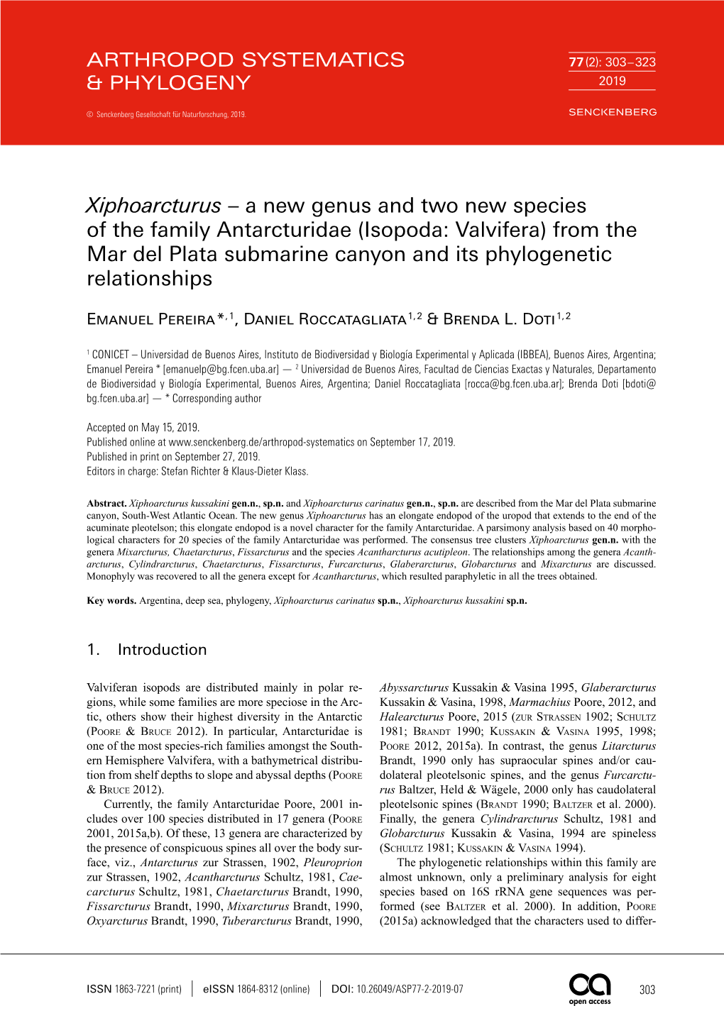 Isopoda: Valvifera) from the Mar Del Plata Submarine Canyon and Its Phylogenetic Relationships