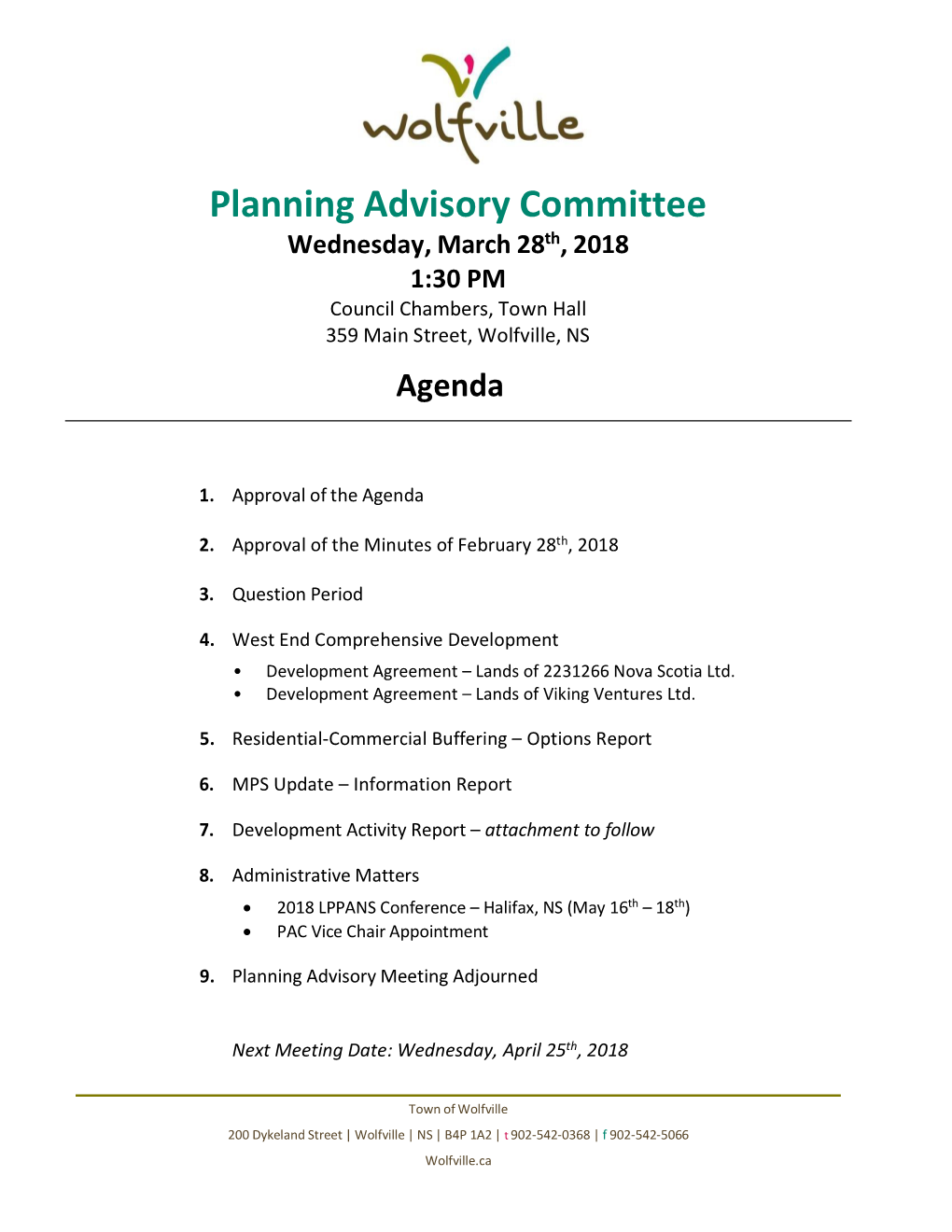 Planning Advisory Committee Wednesday, March 28Th, 2018 1:30 PM Council Chambers, Town Hall 359 Main Street, Wolfville, NS