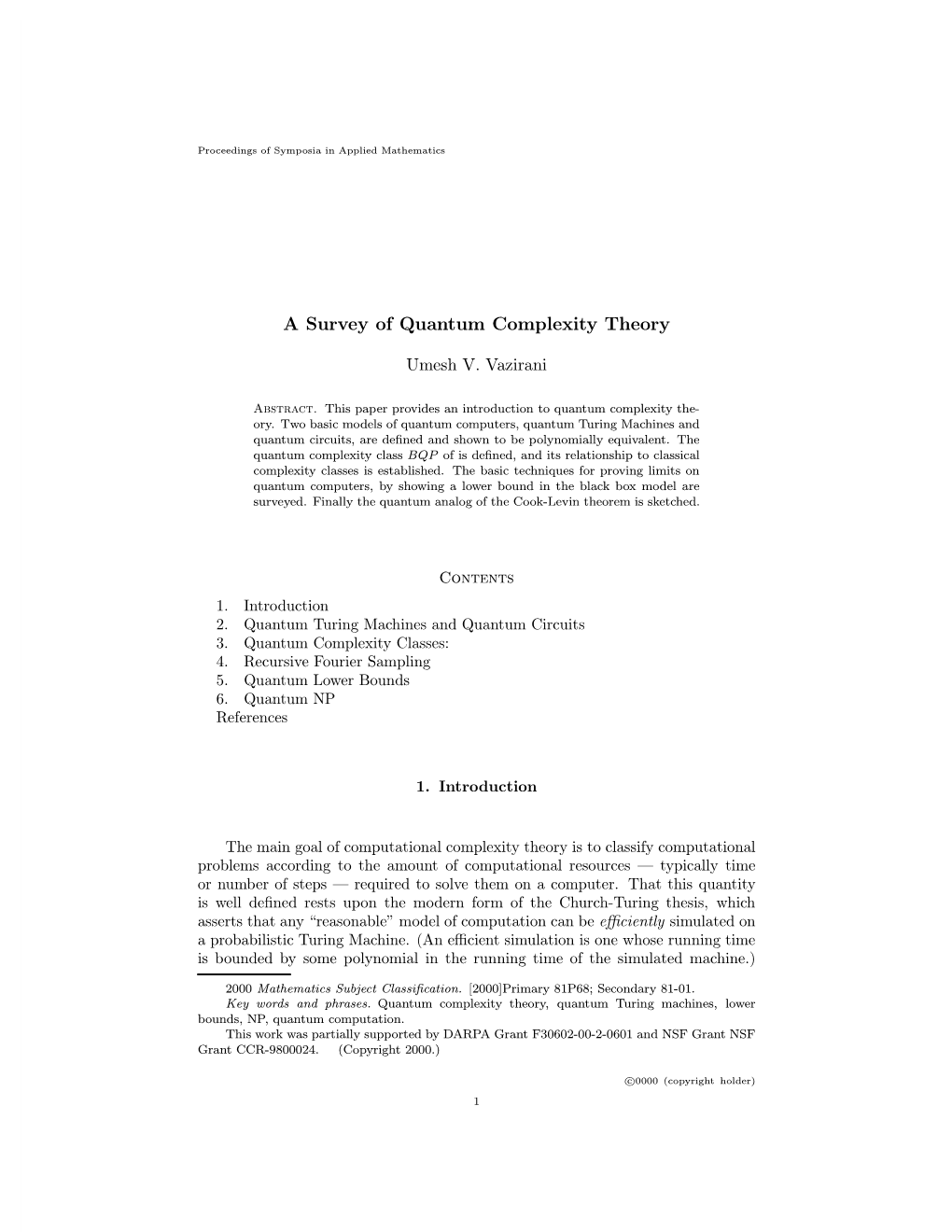 A Survey of Quantum Complexity Theory