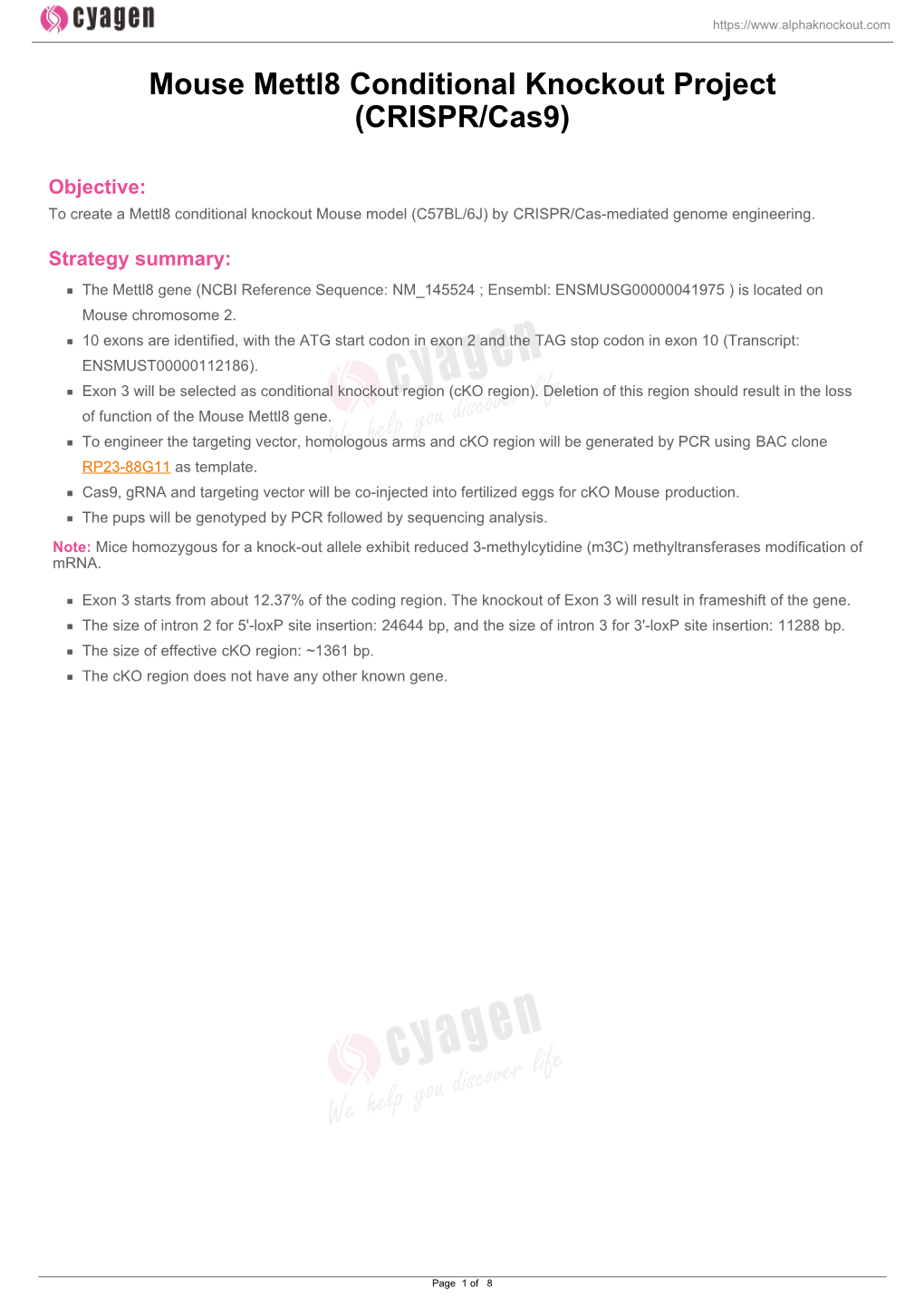 Mouse Mettl8 Conditional Knockout Project (CRISPR/Cas9)