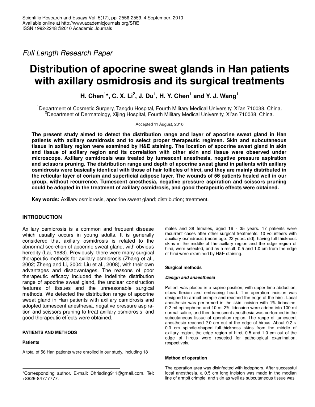 Distribution of Apocrine Sweat Glands in Han Patients with Axillary Osmidrosis and Its Surgical Treatments