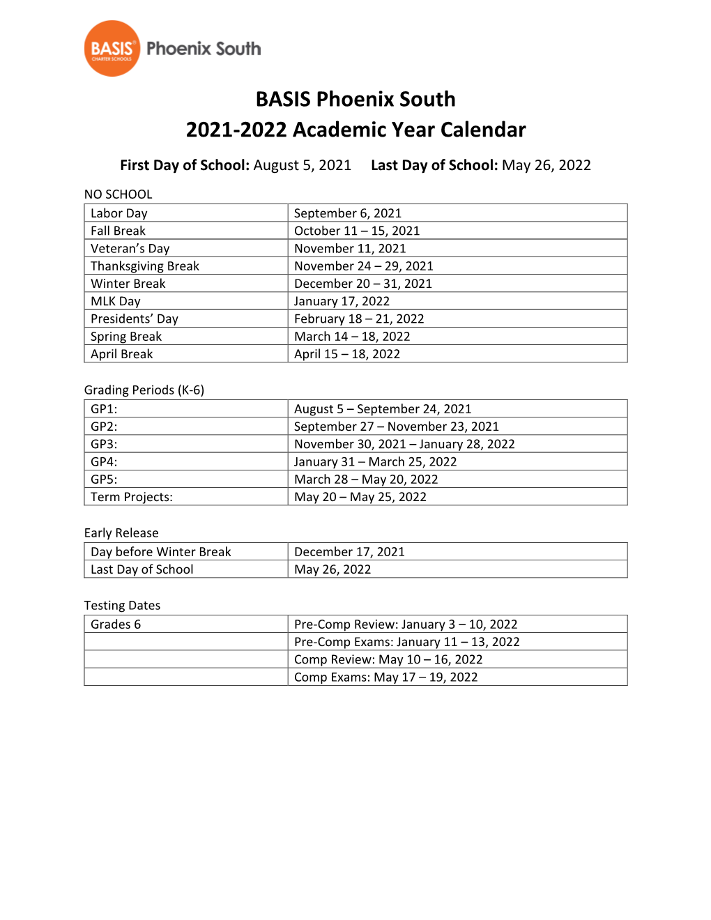 2021-22 School Calendar