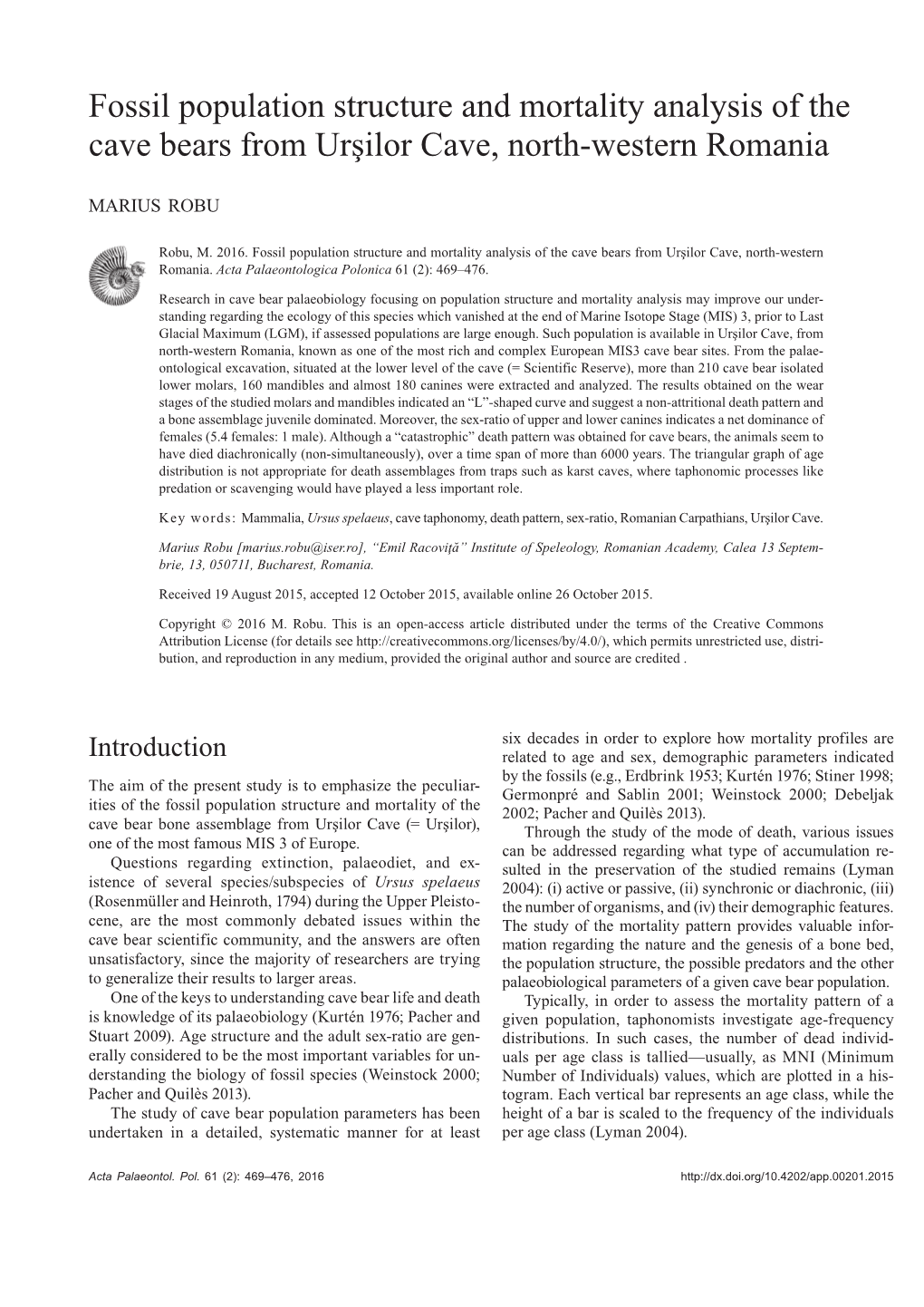 Fossil Population Structure and Mortality Analysis of the Cave Bears from Urşilor Cave, North-Western Romania