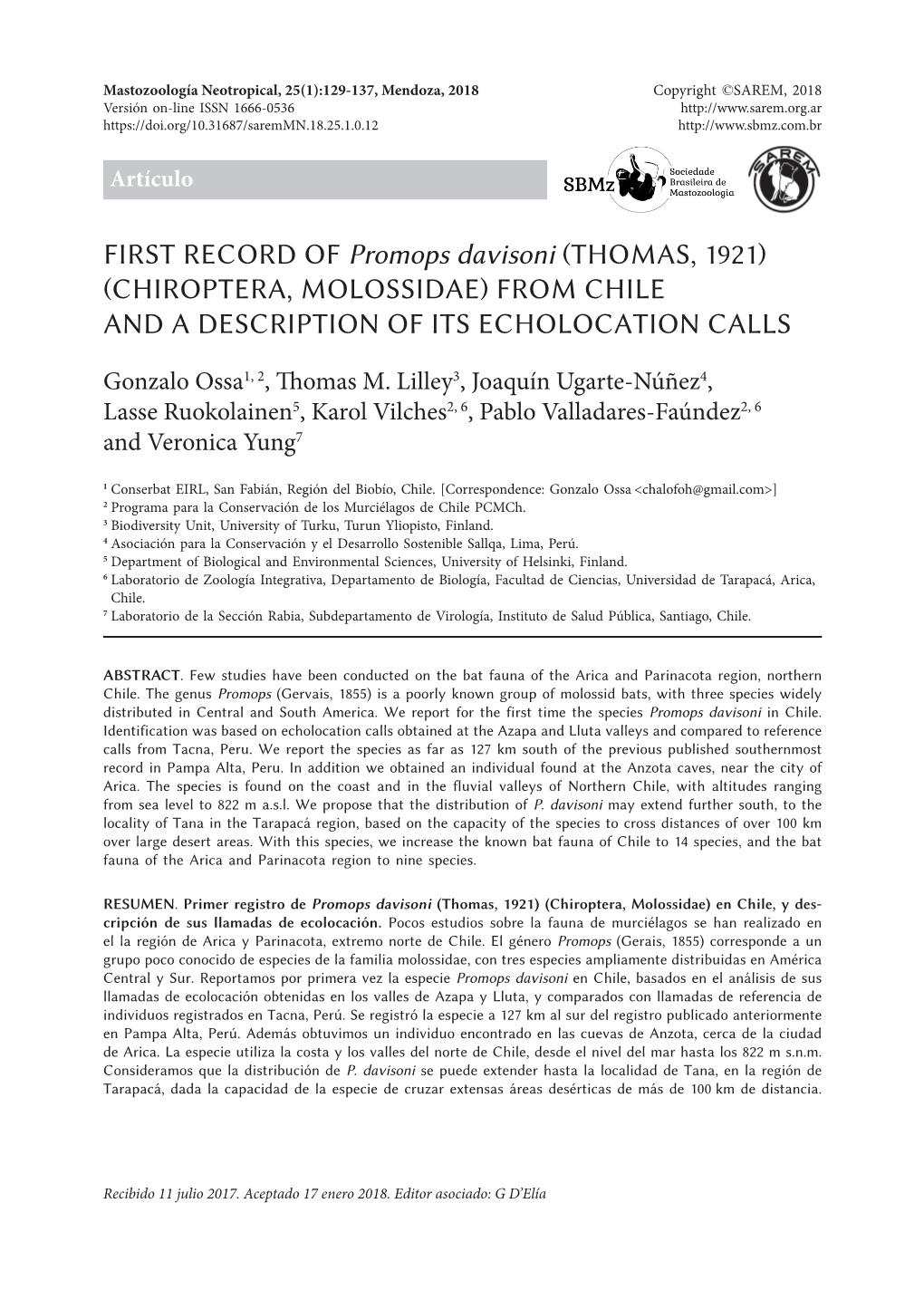 Promops Davisoni (THOMAS, 1921) (CHIROPTERA, MOLOSSIDAE) from CHILE and a DESCRIPTION of ITS ECHOLOCATION CALLS