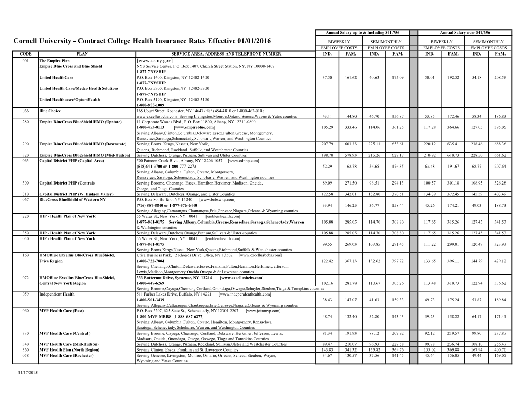 Contract College Health Insurance Rates Effective 01/01/2016