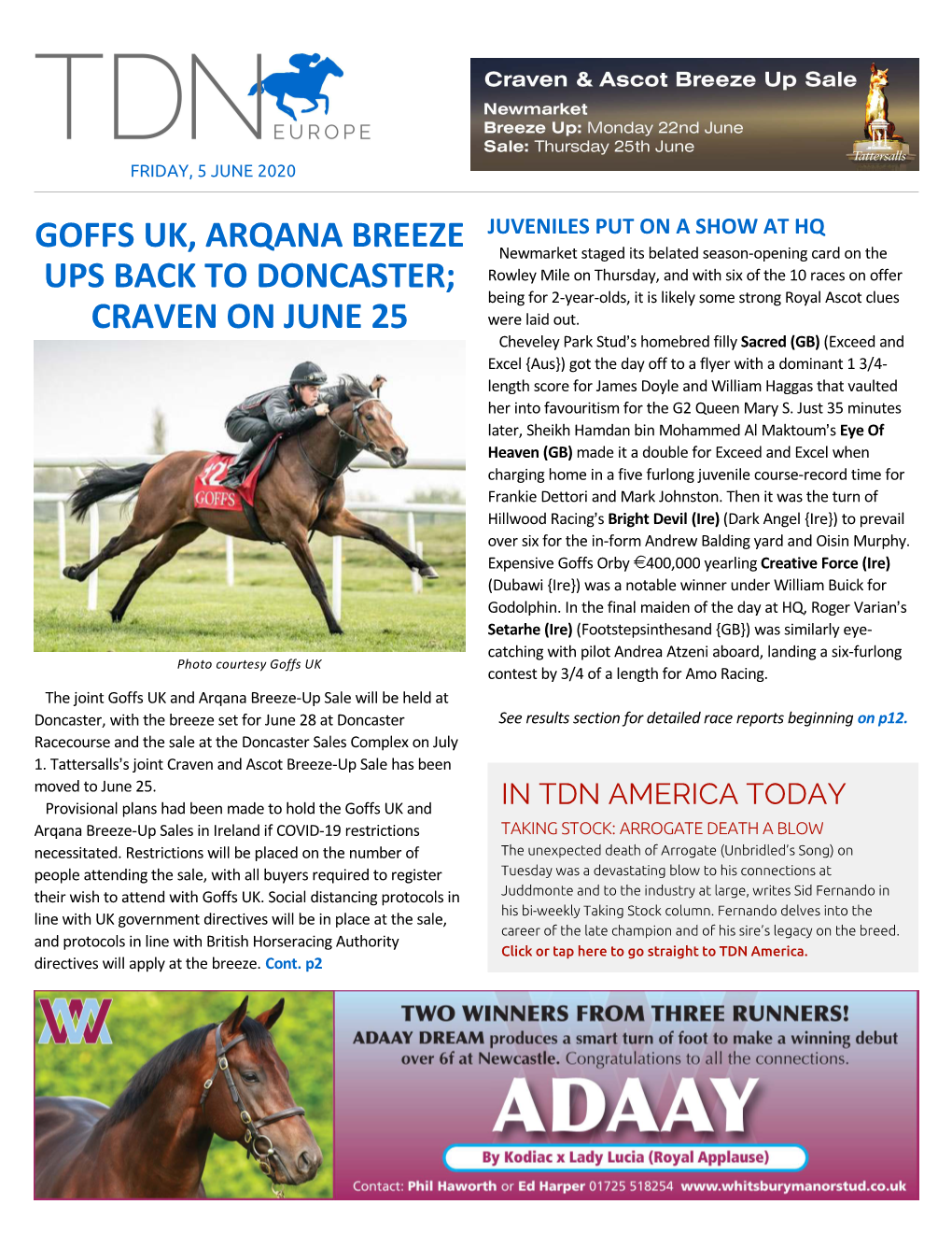 Goffs UK, Arqana Breeze Ups Back to Doncaster, Craven on June 25 Cont