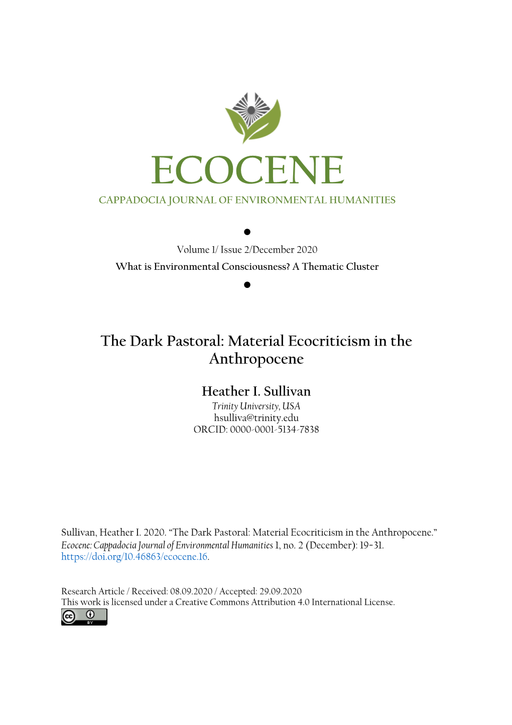 Ecocene Cappadocia Journal of Environmental Humanities