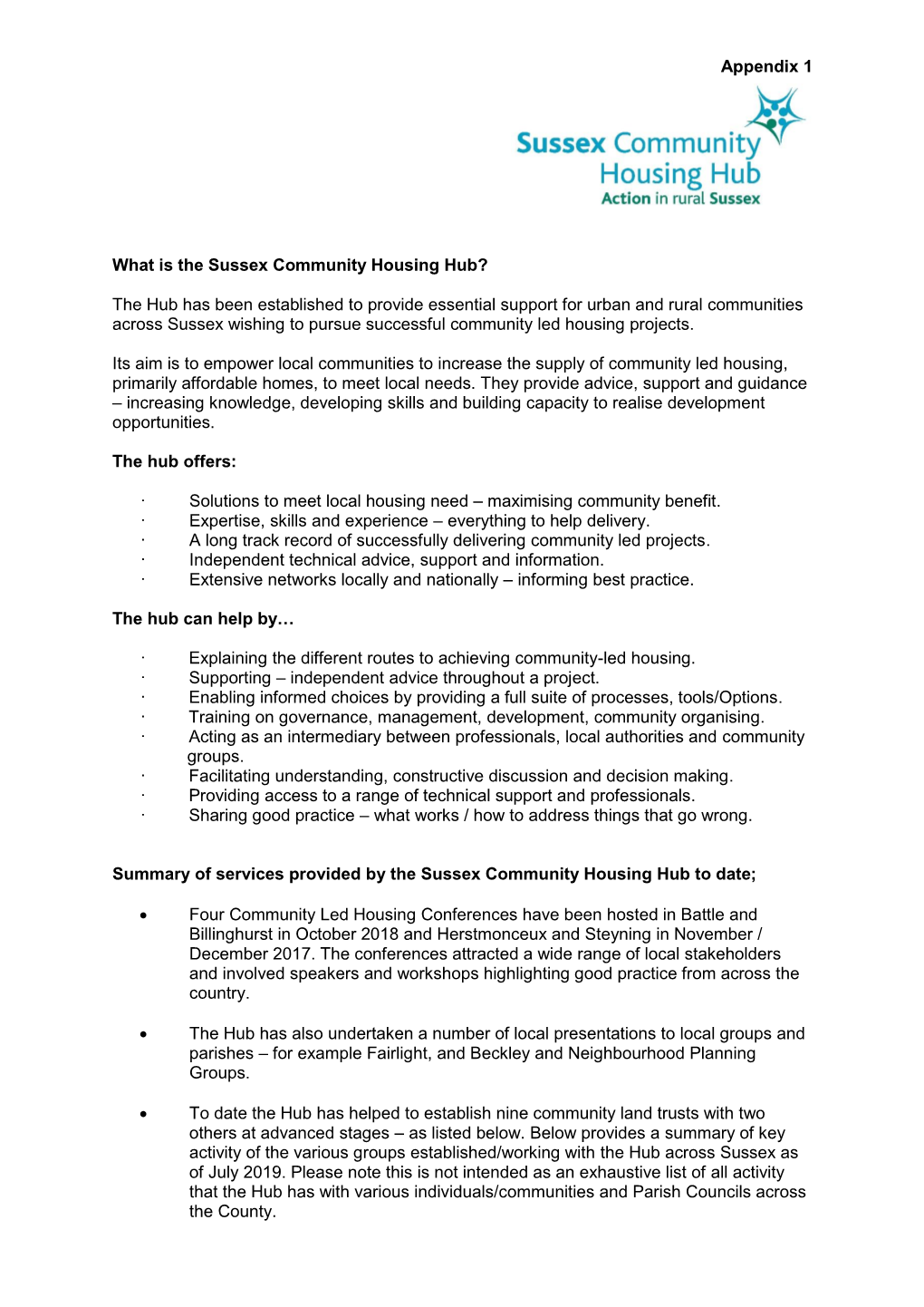 Appendix 1 What Is the Sussex Community Housing Hub?