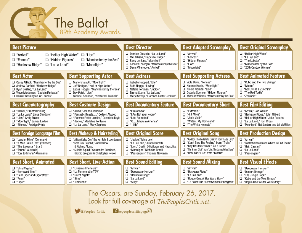 89Th Academy Awards Ballot