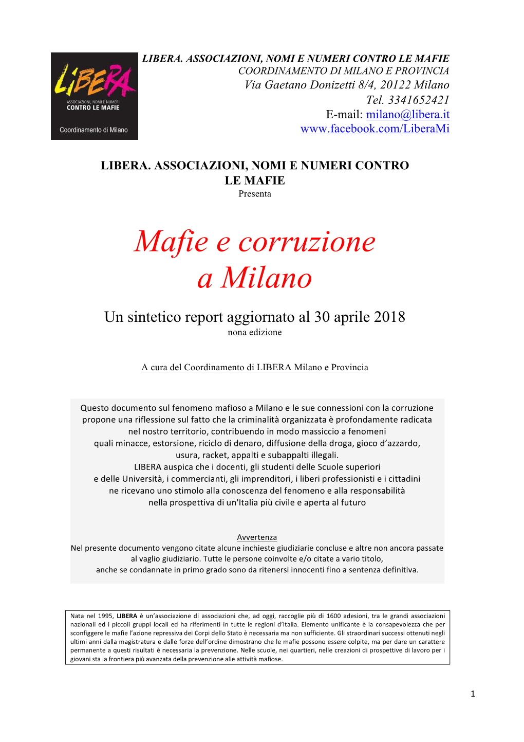 Mafie E Corruzione a Milano Un Sintetico Report Aggiornato Al 30 Aprile 2018 Nona Edizione