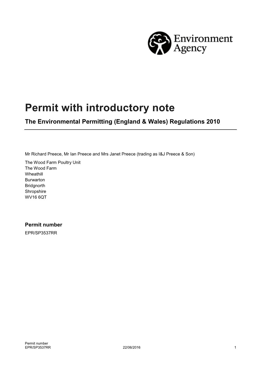 Permit with Introductory Note the Environmental Permitting (England & Wales) Regulations 2010