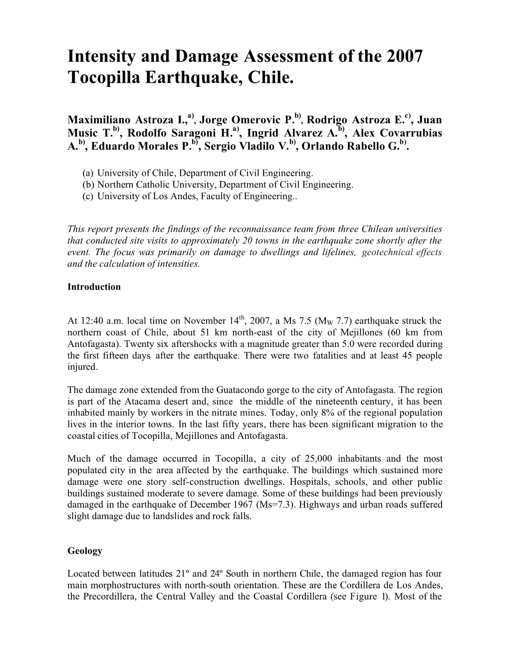 Intensity and Damage Assessment of the 2007 Tocopilla Earthquake, Chile