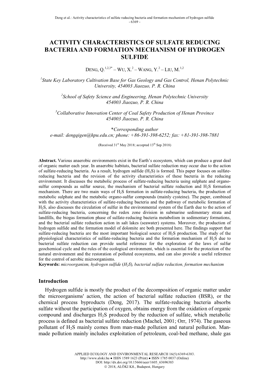 Activity Characteristics of Sulfate Reducing Bacteria and Formation Mechanism of Hydrogen Sulfide - 6369