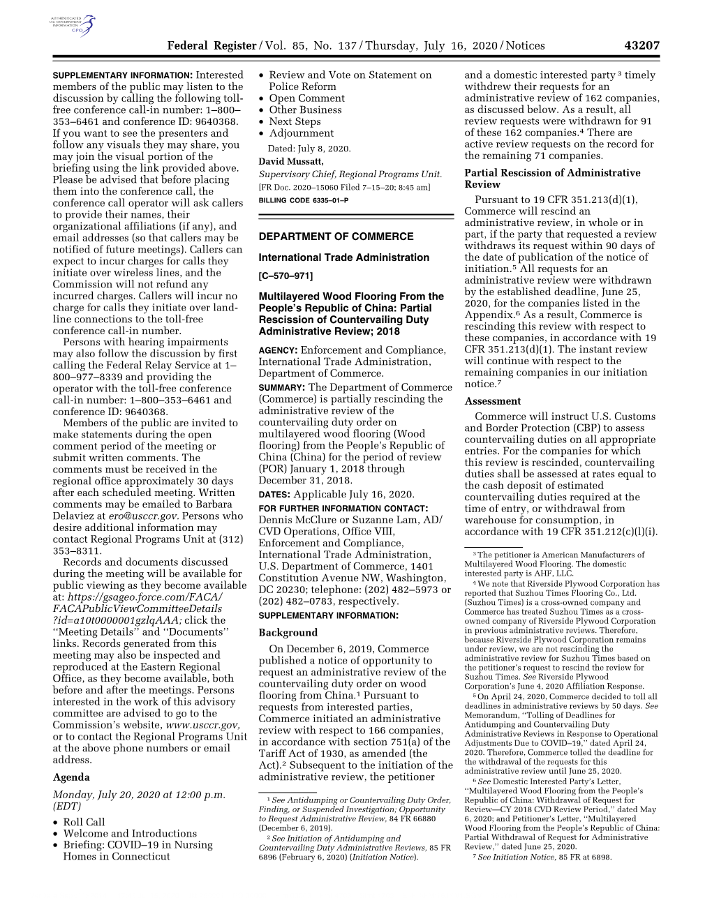 Federal Register/Vol. 85, No. 137/Thursday, July 16, 2020/Notices