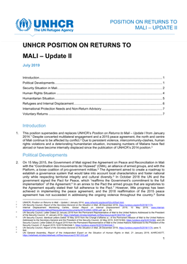UNHCR POSITION on RETURNS to MALI – Update II