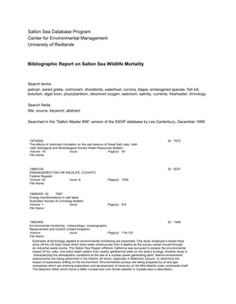 Bibliographic Report on Salton Sea Wildlife Mortality