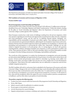 The Department of Economics of Leiden Law School and Leiden University College of the Faculty of Governance and Global Affairs, Have a Vacancy for A