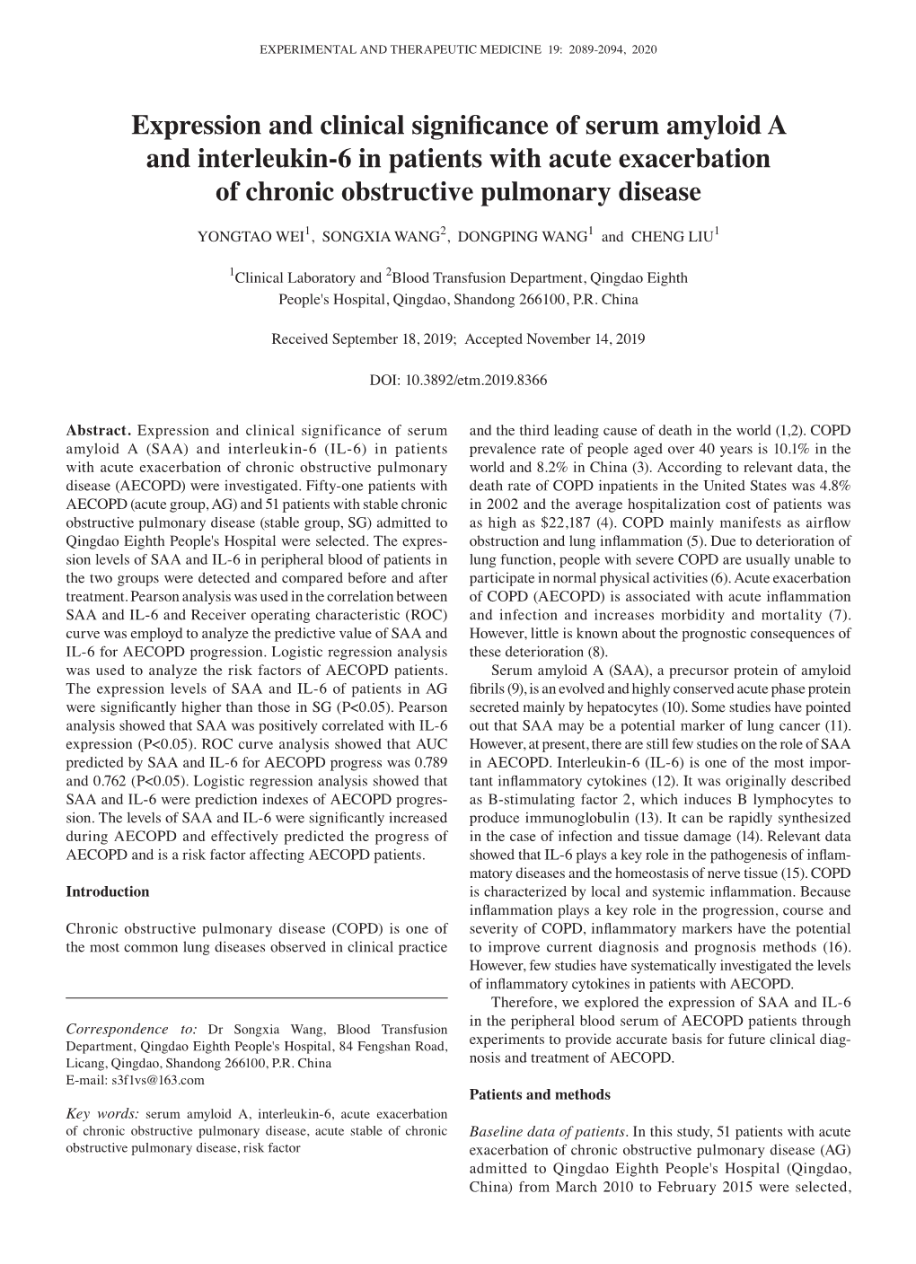 Expression and Clinical Significance of Serum Amyloid a and Interleukin‑6 in Patients with Acute Exacerbation of Chronic Obstructive Pulmonary Disease