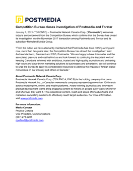 Competition Bureau Closes Investigation of Postmedia and Torstar