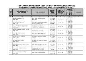 Tentative Seniority List of Bs – 19 Officers (Male) Belonging to General Cadre (School Wing) Corrected Upto 31-05-2013