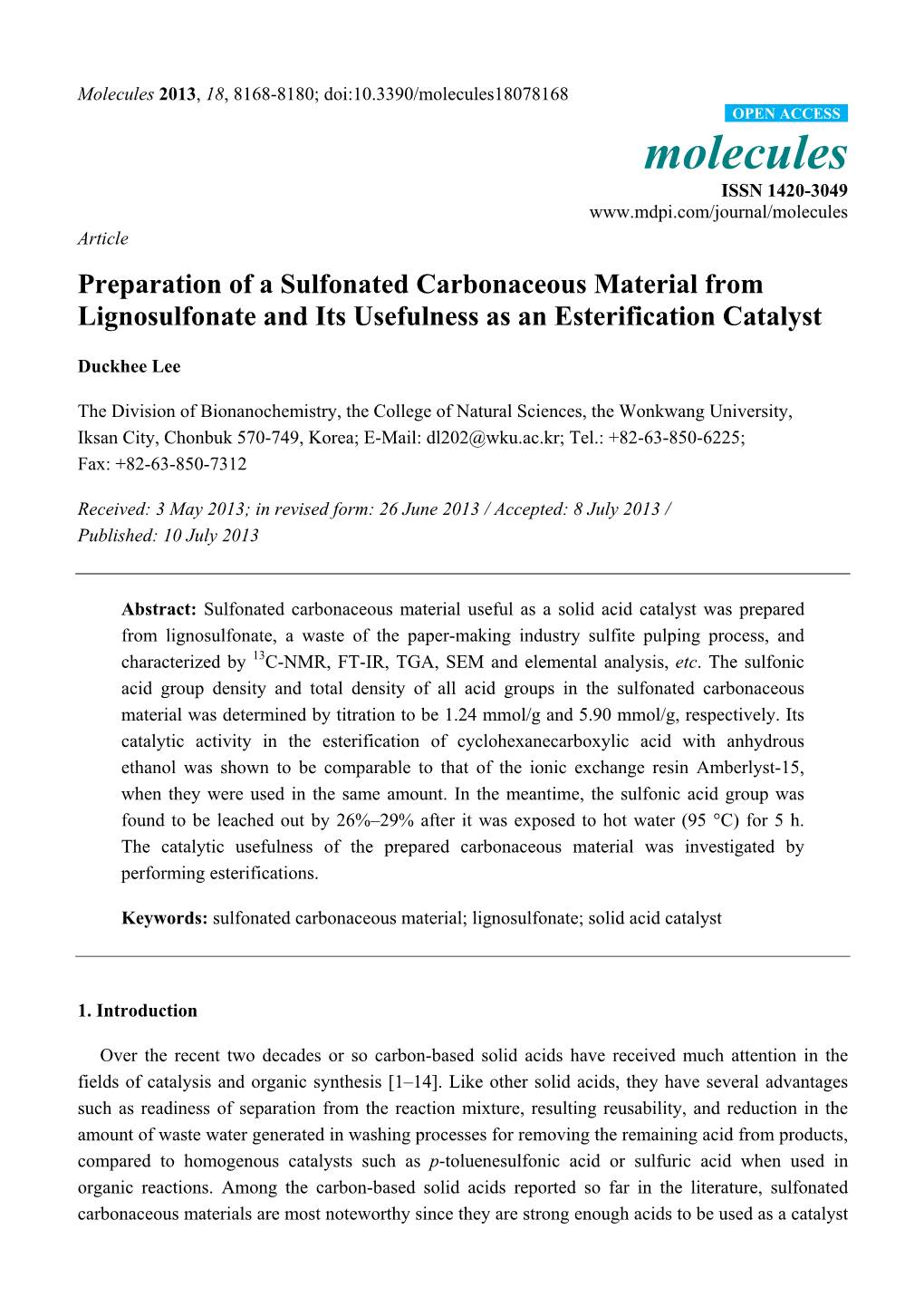 Preparation of a Sulfonated Carbonaceous Material from Lignosulfonate and Its Usefulness As an Esterification Catalyst