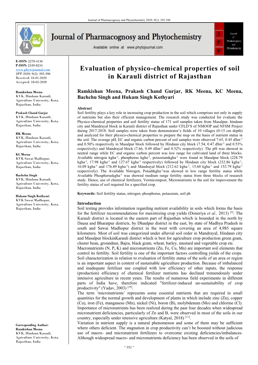 Evaluation of Physico-Chemical Properties of Soil in Karauli District