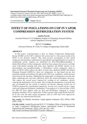 Effect of Insulations on Cop in Vapor Compression Refrigeration System