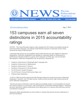 153 Campuses Earn All Seven Distinctions in 2015 Accountability Ratings