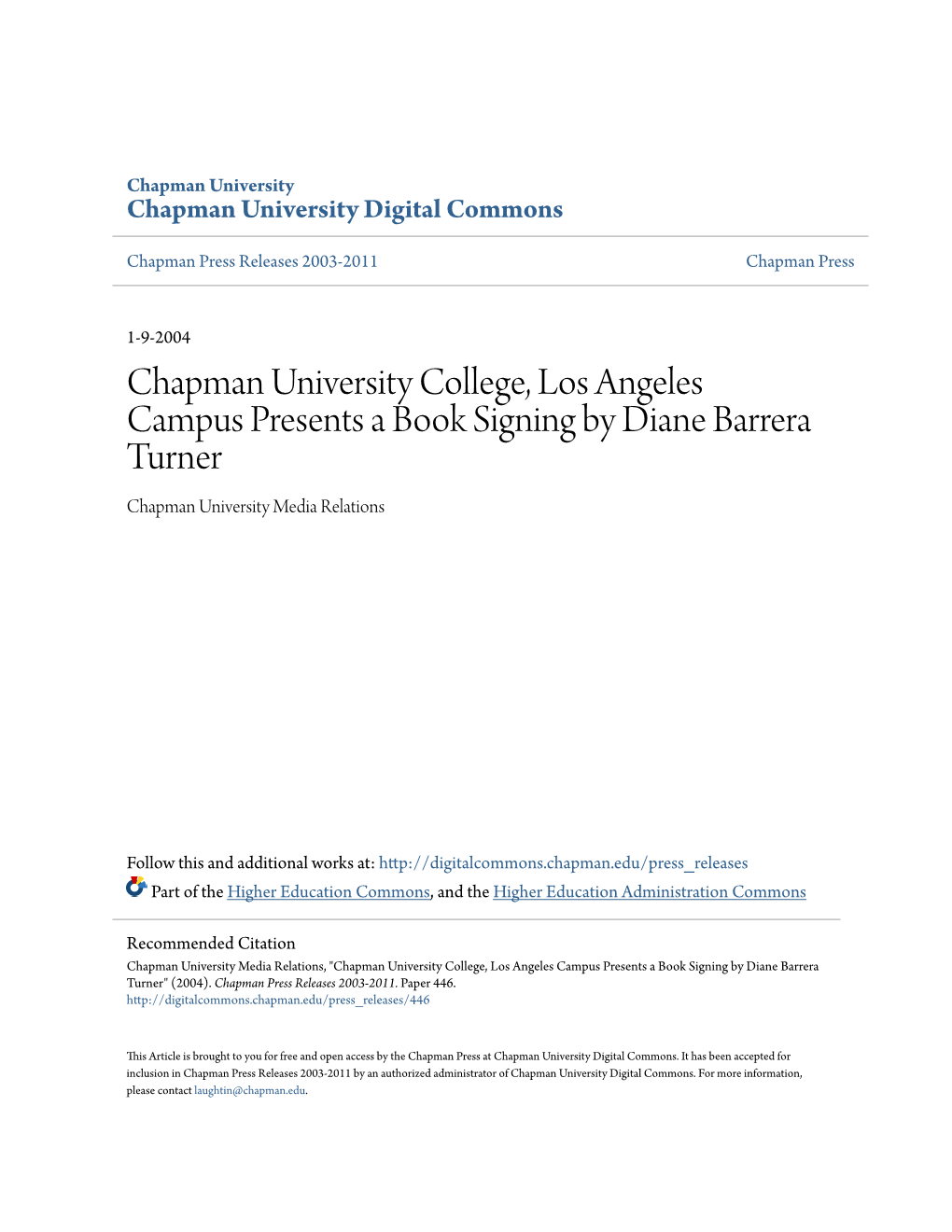 Chapman University College, Los Angeles Campus Presents a Book Signing by Diane Barrera Turner Chapman University Media Relations