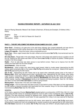 Racing Stewards' Report