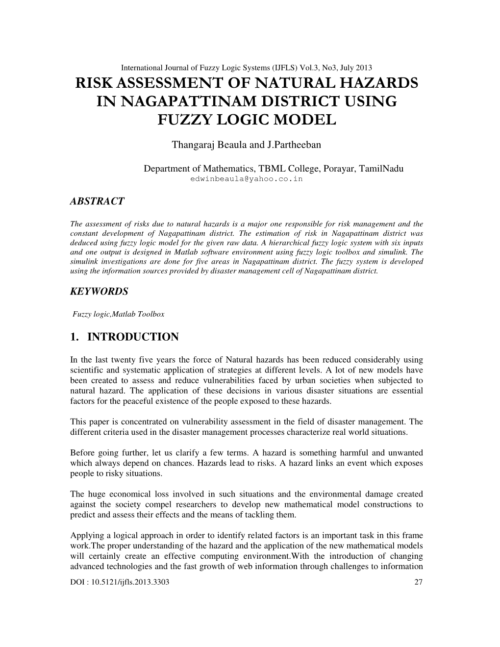 Risk Assessment of Natural Hazards in Nagapattinam District Using Fuzzy Logic Model