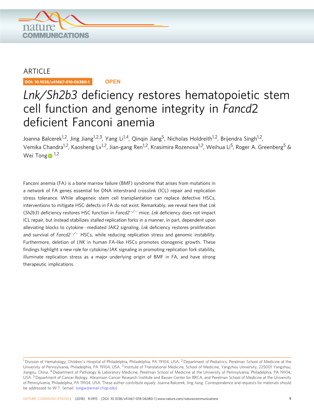 Lnk/Sh2b3 Deficiency Restores Hematopoietic Stem Cell Function