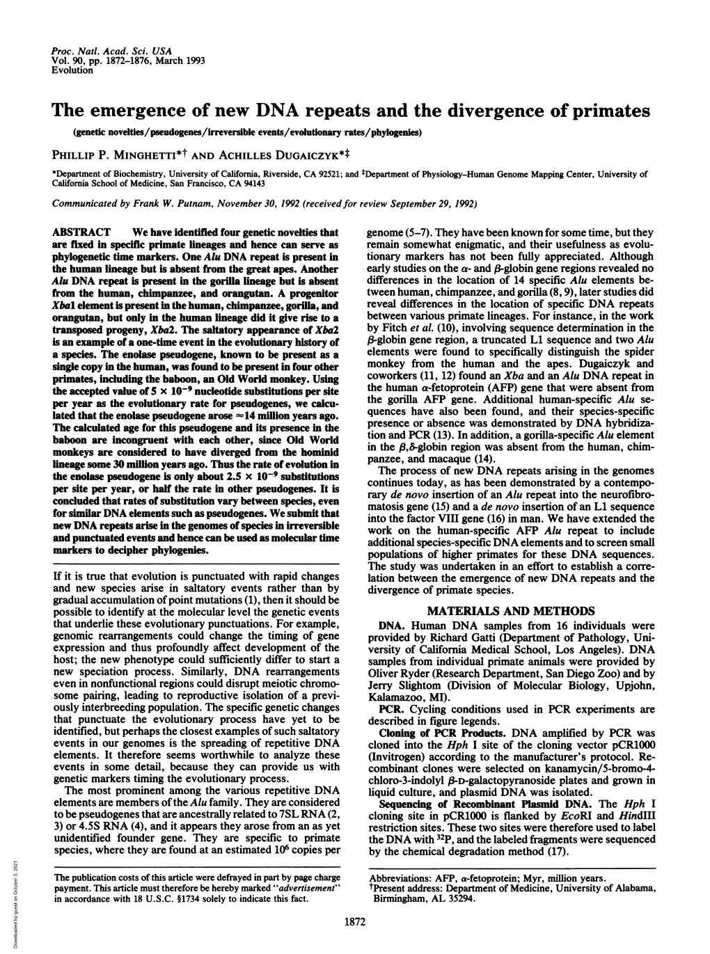 The Emergence of New DNA Repeats and the Divergence of Primates (Genetic Noveltles/Pseudogenes/Irreversible Events/Evolutionary Rates/Phylogenies) PHILLIP P