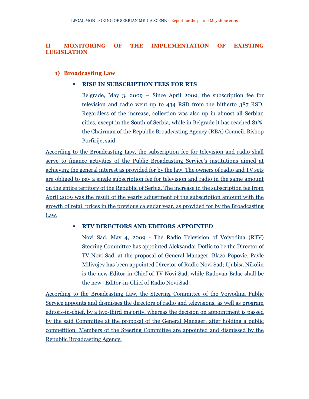 Section MONITORING of the IMPLEMENTATION OF