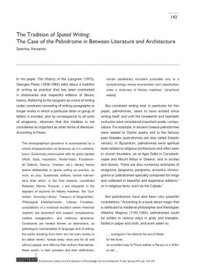 The Tradition of Spatial Writing: the Case of the Palindrome in Between Literature and Architecture Sotirios Varsamis