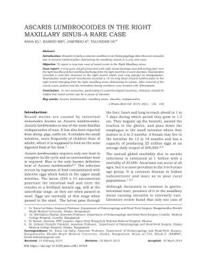 Ascaris Lumbrocoides in the Right Maxillary Sinus-A Rare Case Saha Kl1, Rashid Ms2, Jamtsho S3, Talukder Dc4