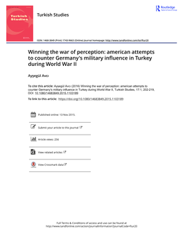 Winning the War of Perception: American Attempts to Counter Germany's Military Influence in Turkey During World War II