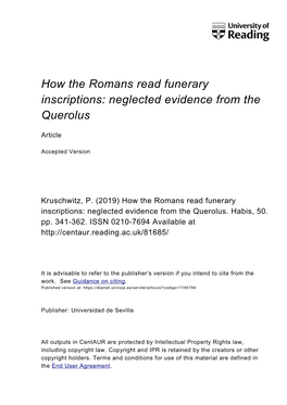 How the Romans Read Funerary Inscriptions: Neglected Evidence from the Querolus