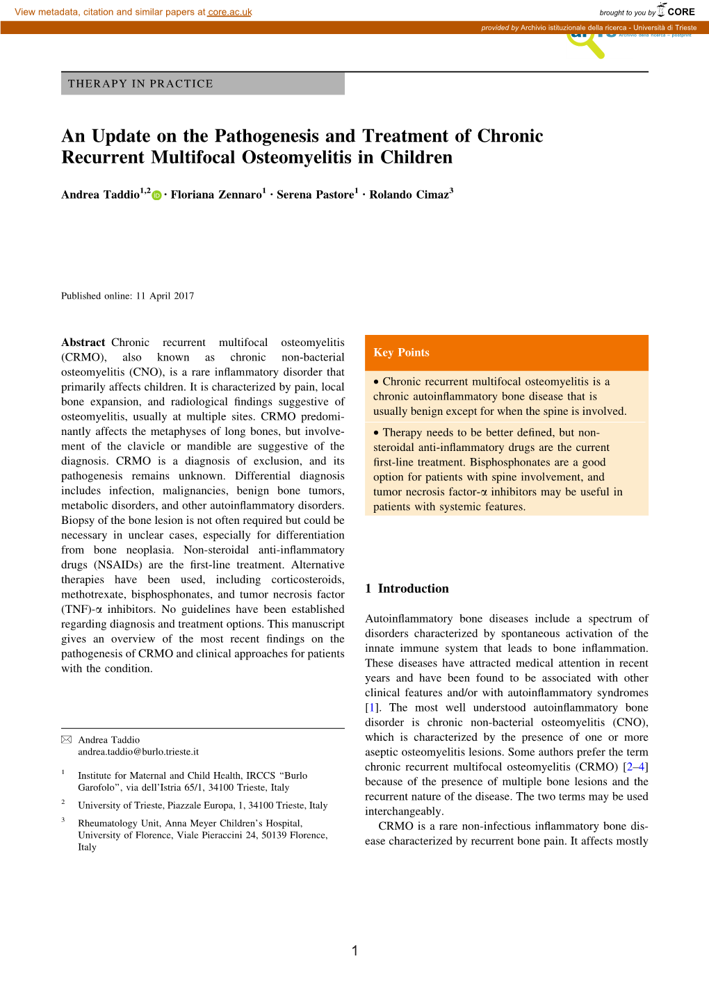 An Update on the Pathogenesis and Treatment of Chronic Recurrent Multifocal Osteomyelitis in Children