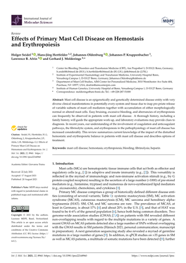 Effects of Primary Mast Cell Disease on Hemostasis and Erythropoiesis