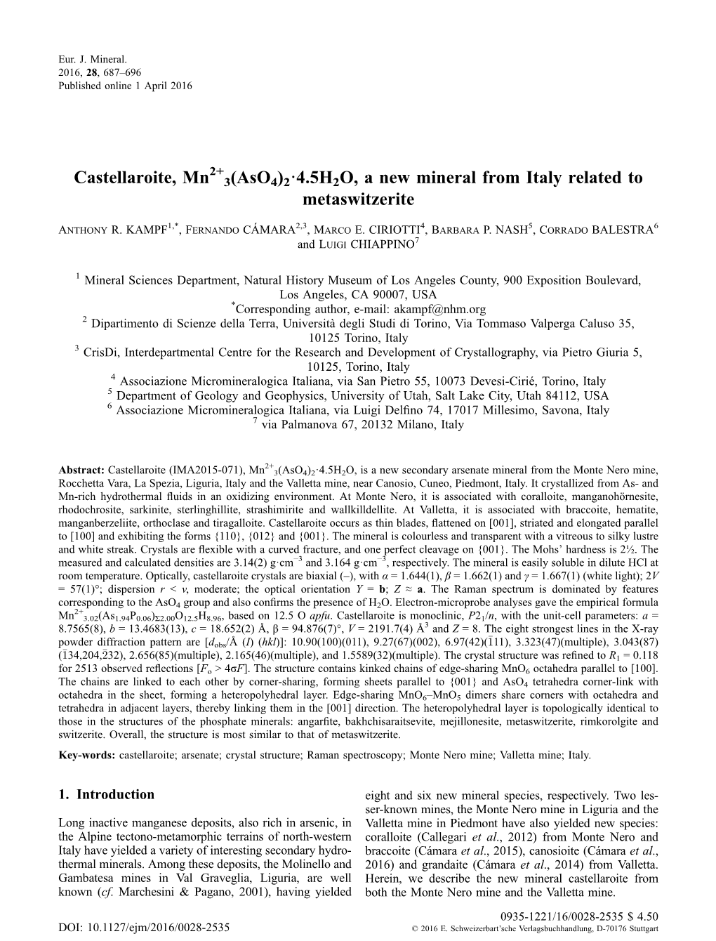 Castellaroite, Mn2+3(Aso4)2·4.5H2O, a New Mineral from Italy Related To