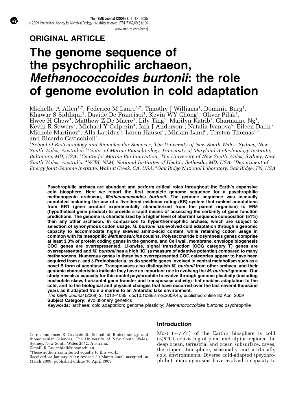 The Genome Sequence of the Psychrophilic Archaeon, Methanococcoides Burtonii: the Role of Genome Evolution in Cold Adaptation