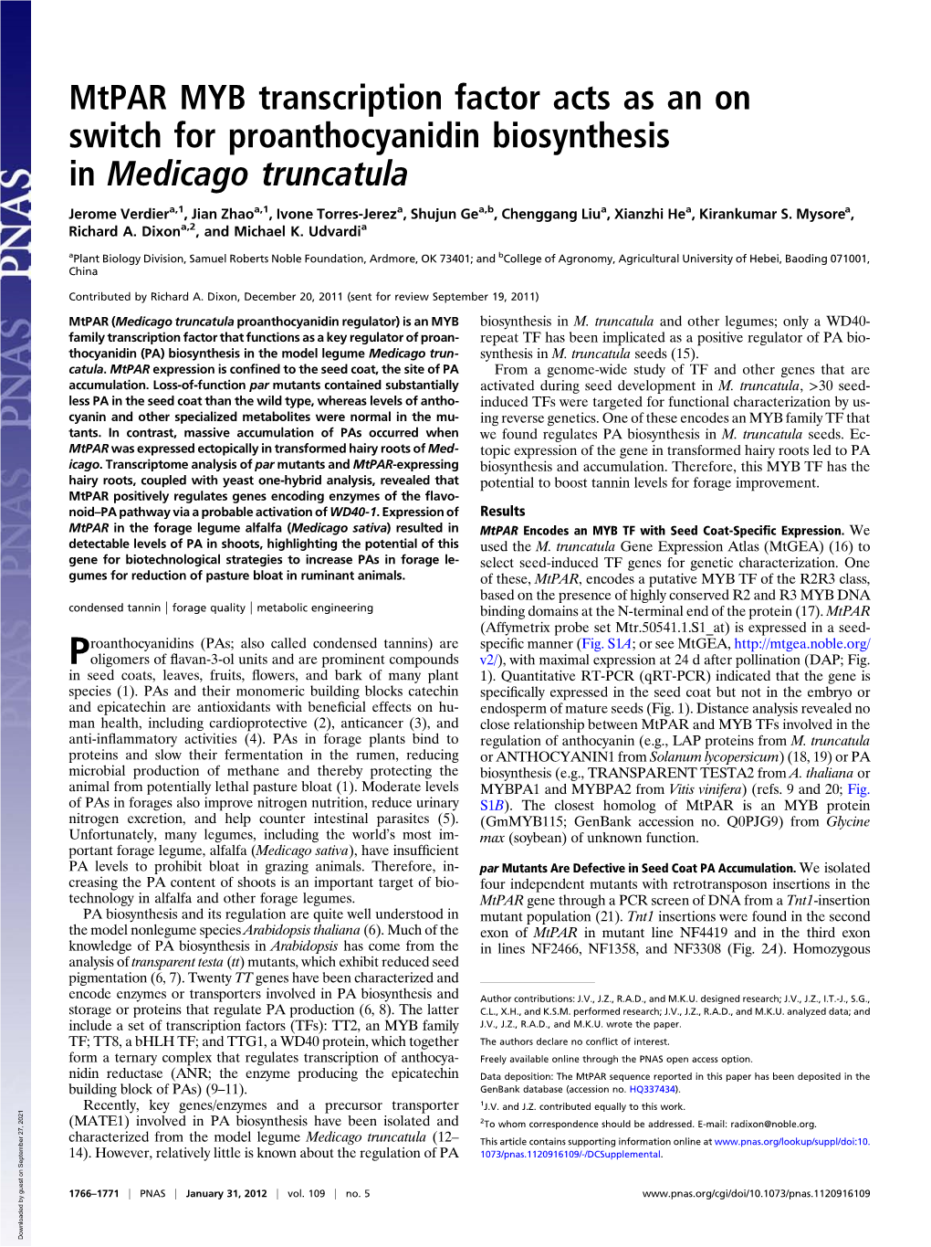 Mtpar MYB Transcription Factor Acts As an on Switch for Proanthocyanidin Biosynthesis in Medicago Truncatula