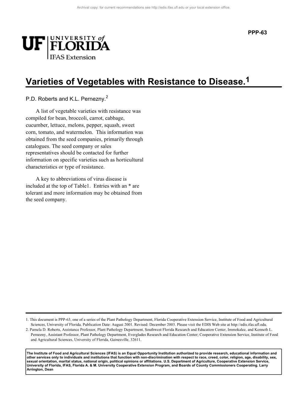 Varieties of Vegetables with Resistance to Disease.1