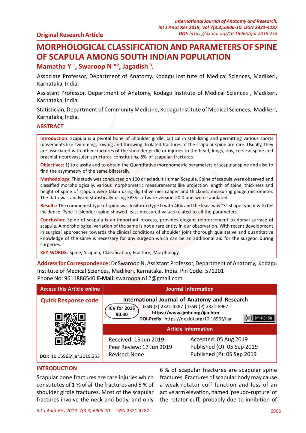 MORPHOLOGICAL CLASSIFICATION and PARAMETERS of SPINE of SCAPULA AMONG SOUTH INDIAN POPULATION Mamatha Y 1, Swaroop N *2, Jagadish 3