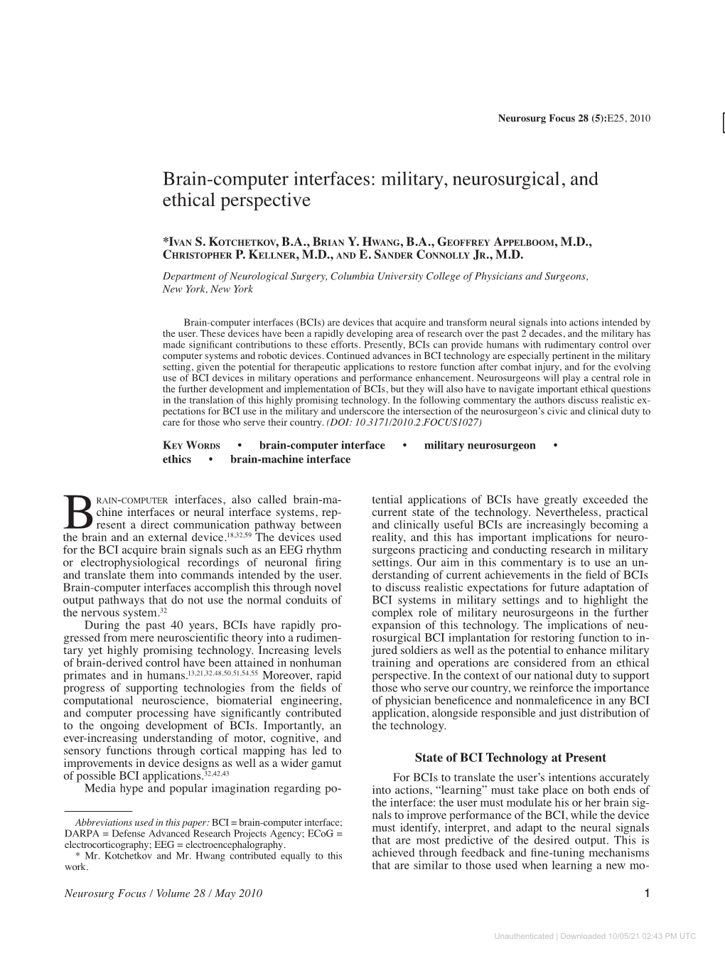 Brain-Computer Interfaces: Military, Neurosurgical, and Ethical Perspective