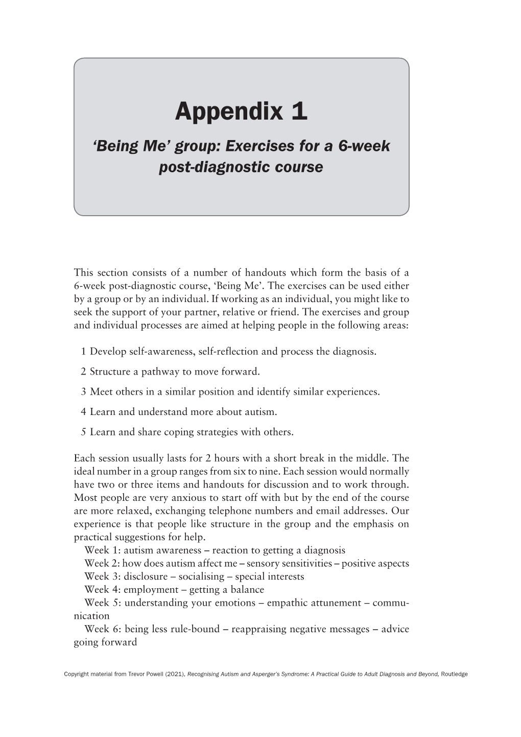 Appendix 1 ‘Being Me’ Group: Exercises for a 6-Week Post-Diagnostic Course