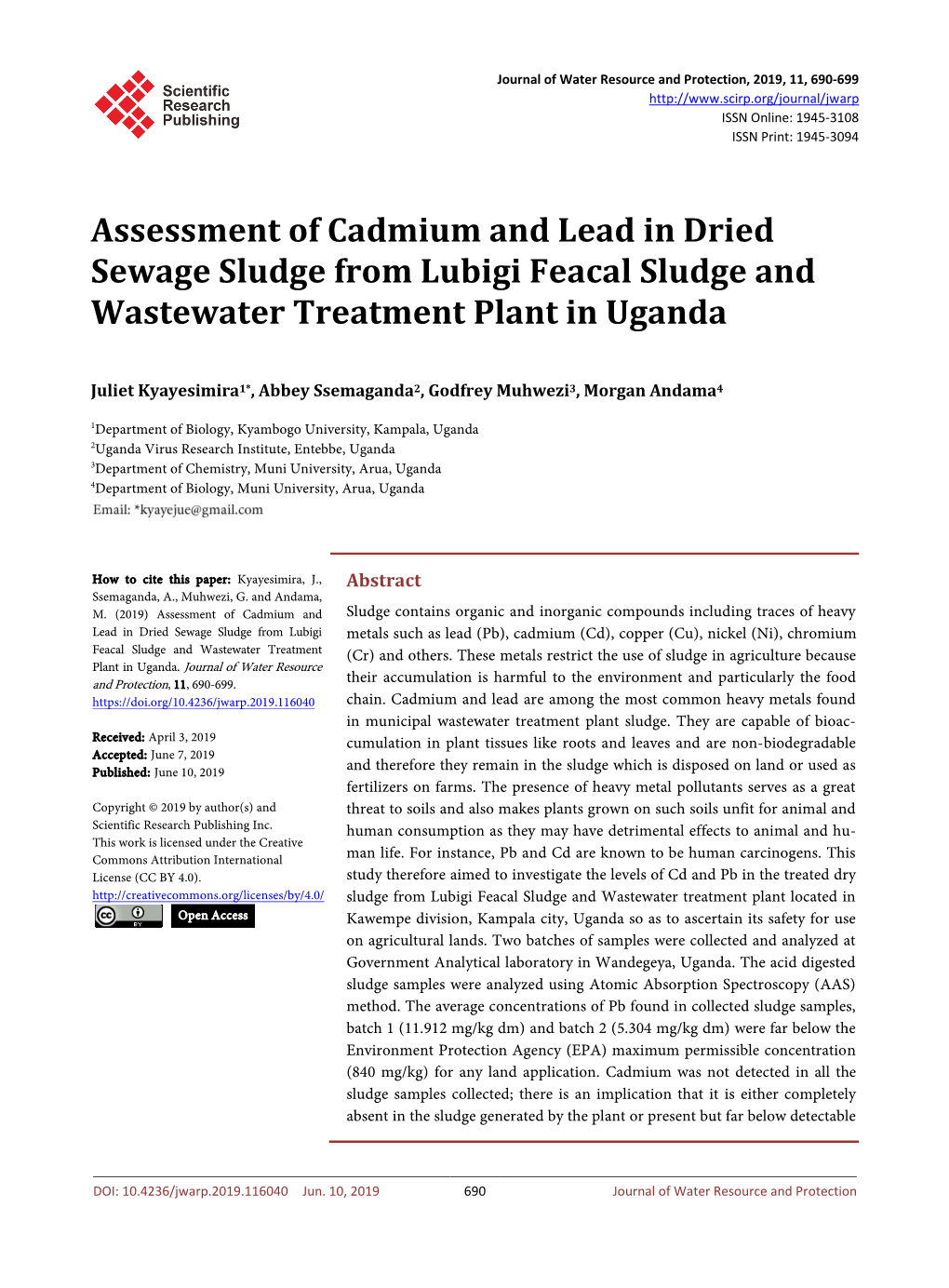Assessment of Cadmium and Lead in Dried Sewage Sludge from Lubigi Feacal Sludge and Wastewater Treatment Plant in Uganda