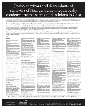 Jewish Survivors and Descendants of Survivors of Nazi Genocide Unequivocally Condemn the Massacre of Palestinians in Gaza