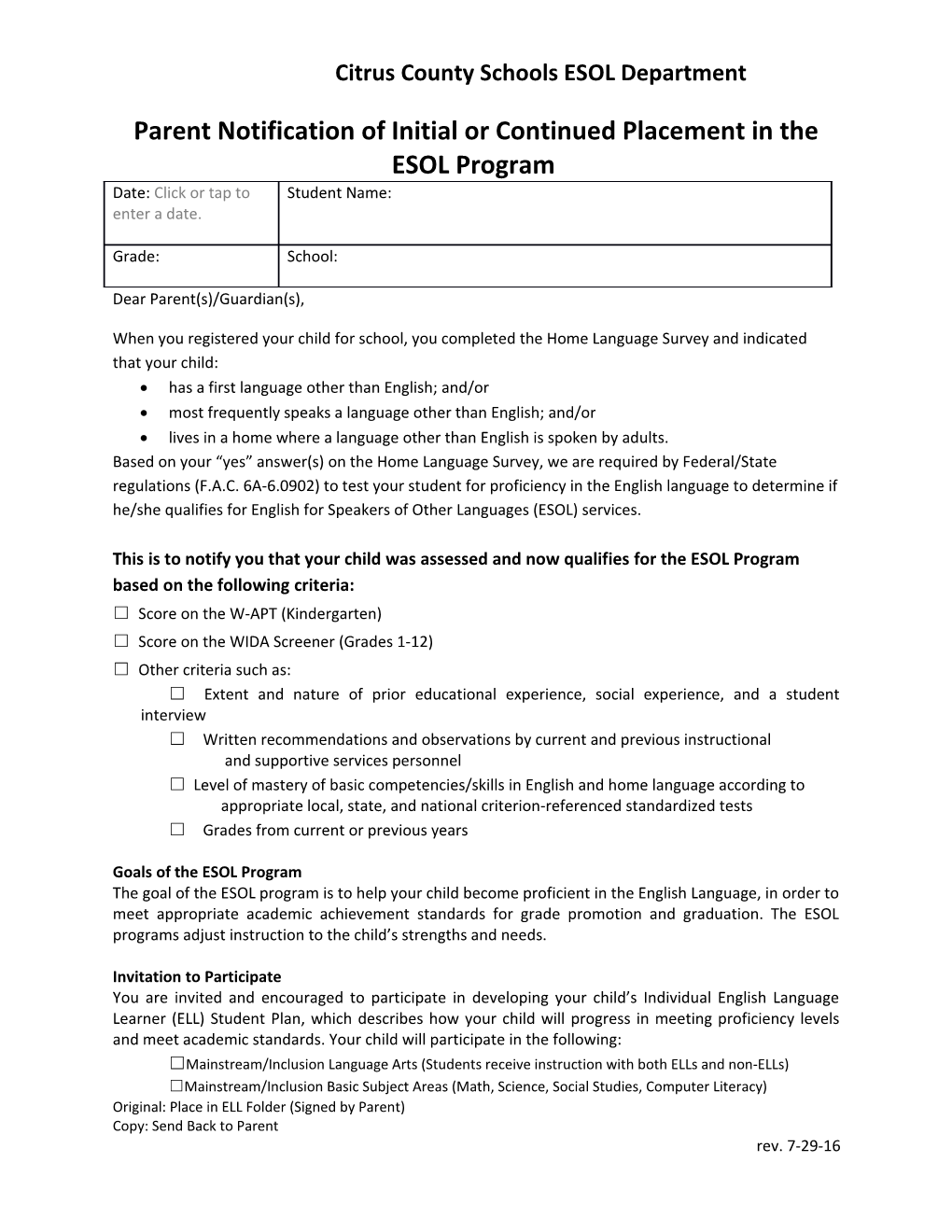 Parent Notification of Initial Or Continued Placement in the ESOL Program